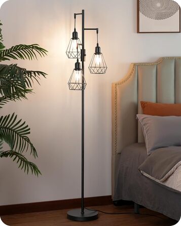 LED торшер Edishine для вітальні, 3 лампи, ретро стиль, диммування, 4W E27, металевий абажур-сітка, 2700K, висота 166 см, чорний