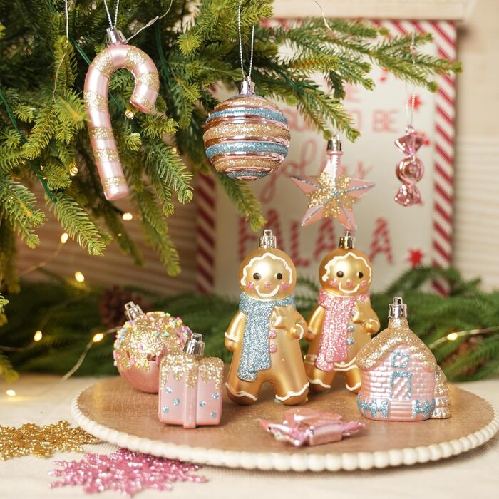 Набір прикрас на ялинку Shareconn 65 шт. з пластику, міцні, з мотузкою, різні розміри та кольори (червоний & білий, макарон)