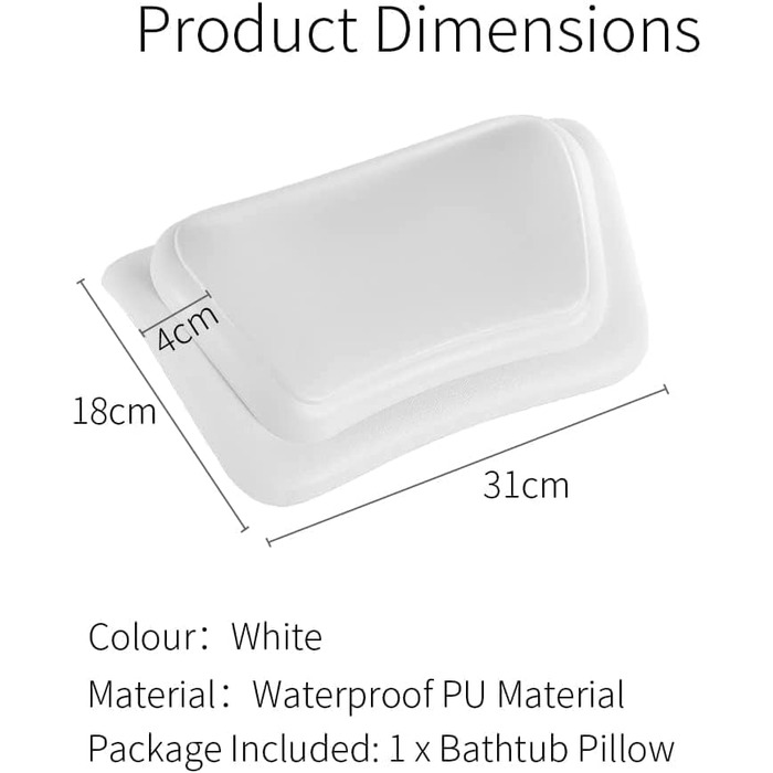 Lonkenn Bathtub Pillow, Ergonomic Bath Pillow, Stylish PU Bath Pillow with Suction Cups, Waterproof Bathtub Cushion, High-Quality Non-Slip Bath Pillow, Bathroom Accessories, for Bathtub, Spa White