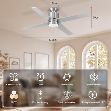 Стеляний вентилятор Ohniyou з підсвічуванням та пультом керування – 96,5 см (38 дюймів). Тихий, димування, для спальні, тераси, внутрішнього/зовнішнього використання (нікель, сучасний)