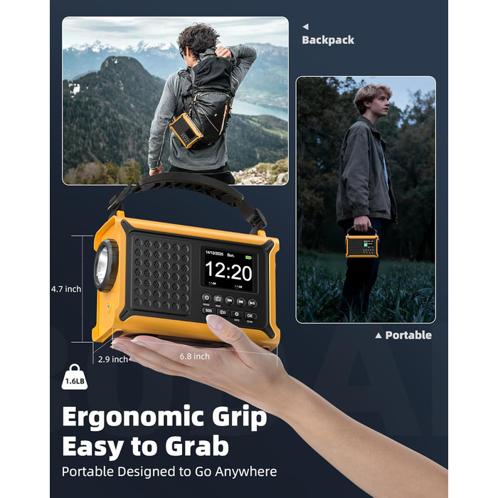 Сонячне радіо Solar Radio з ручкою, 12000mAh, DAB/DAB+/UKW, радіо для надзвичайних ситуацій з сонячною панеллю 8500мм² та ручкою 650mA, радіо з динамо, Bluetooth, ліхтарик та зарядний пристрій USB, для кемпінгу, надзвичайних ситуацій (жовте)