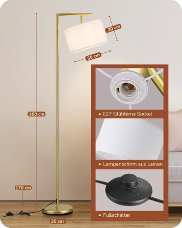 Стійка лампа EDISHINE для вітальні 160 см, аркова лампа сучасного дизайну з регульованим бежевим абажуром з льону, LED E27 лампочка в комплекті, настільна лампа для спальні, дитячої кімнати (Золота)