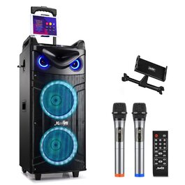 Moukey MK3024 Караоке-система з 2 мікрофонами, Bluetooth, світловими ефектами та підставкою для планшета. Потужні колонки 2x26см + 2x8см. USB/TF/FM/AUX/Rec