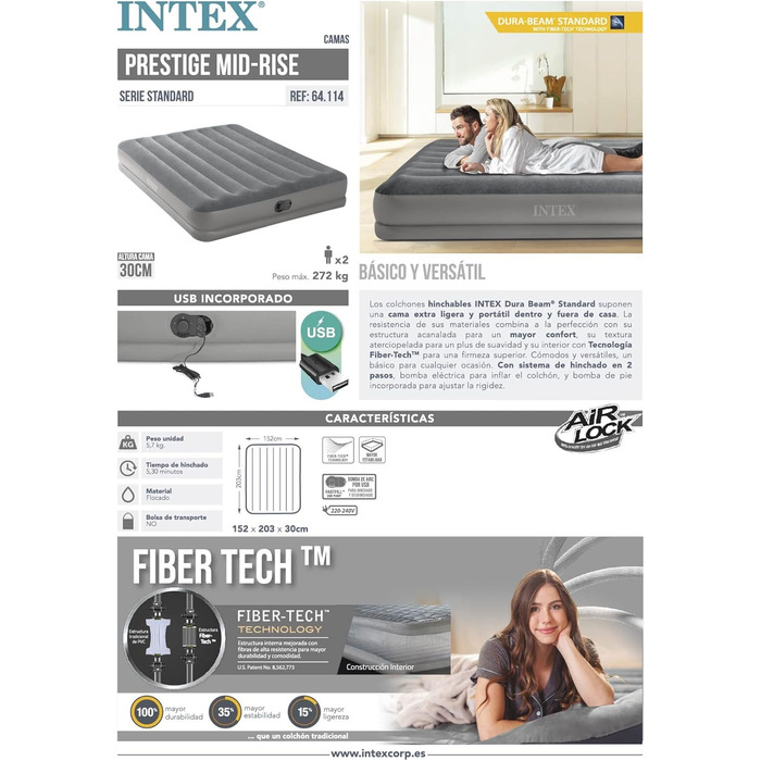 Надувний матрац Intex Dura-Beam Prestige Mid-Rise 152x203x30 см з USB-насосом, сірий - двомісний PVC матрац для дому та відпочинку