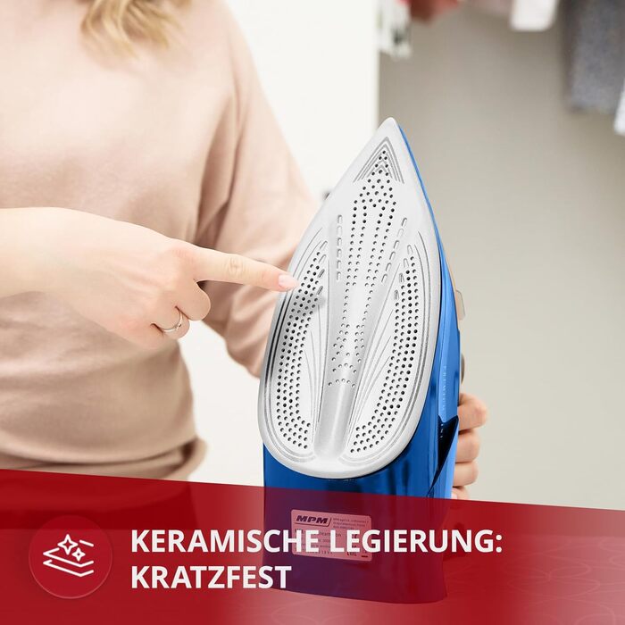 Праска MPM MZE-24/G з керамічною підошвою, 3000 Вт, 190 г/хв, 300 мл, вертикальне прасування, автовимкнення, блакитна