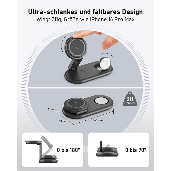 Зарядна станція 3-в-1 для Apple Watch та iPhone з MagSafe, сумісна з iPhone 17, 16, 15, 14, 13, 12, AirPods Pro (білий/чорний)