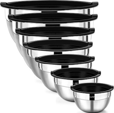 Wildone Mixing Bowl Set, 7-Piece Stainless Steel Bowl Set with Airtight Lids, Stackable, Dishwasher Safe, Sizes 5, 3.5, 2.5, 2, 1.5, 1, 0.67 QT, ideal for mixing and serving