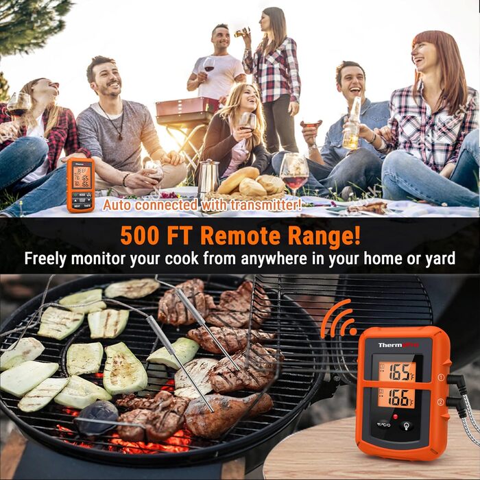 ThermoPro TP20 Цифровий термометр для м'яса з радіусом дії 150м. Бездротовий термометр для гриля, духовки та барбекю з 2 датчиками температури.