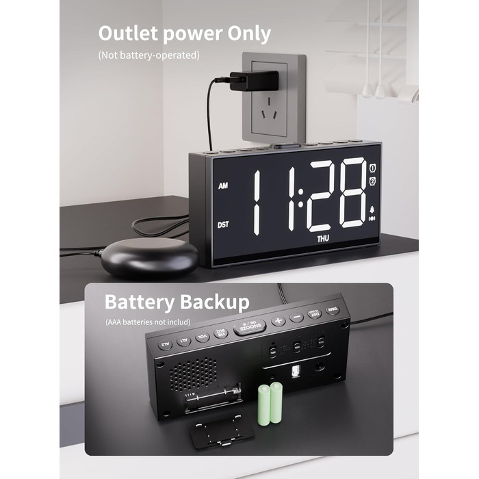 ROCAM Vibration Alarm Clock, Loud Alarm Clock for Deep Sleepers, 7'' Large Display, Bold Font, Digital, Adjustable Brightness, Dual Alarm, Snooze, USB Charger, for Use in the Bedroom (white)