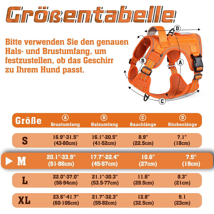 Нашийник для собак Rabbitgoo середнього розміру, анти-тяга, регульований з ручкою, міцний, тактичний, з металевими пряжками, для прогулянок (M, Оранжевий)