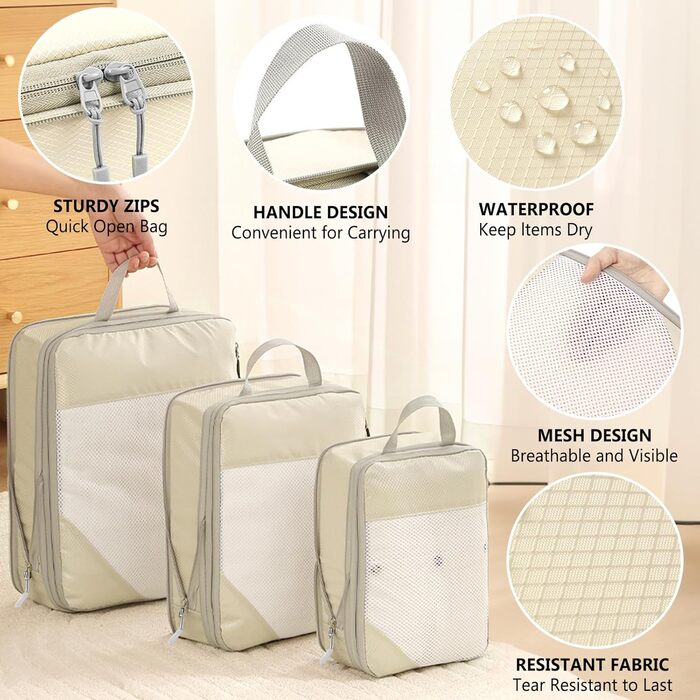 Набір органайзерів для валізи POWZOO (8 шт.) - компресійні кубики для одягу та взуття, бежевий