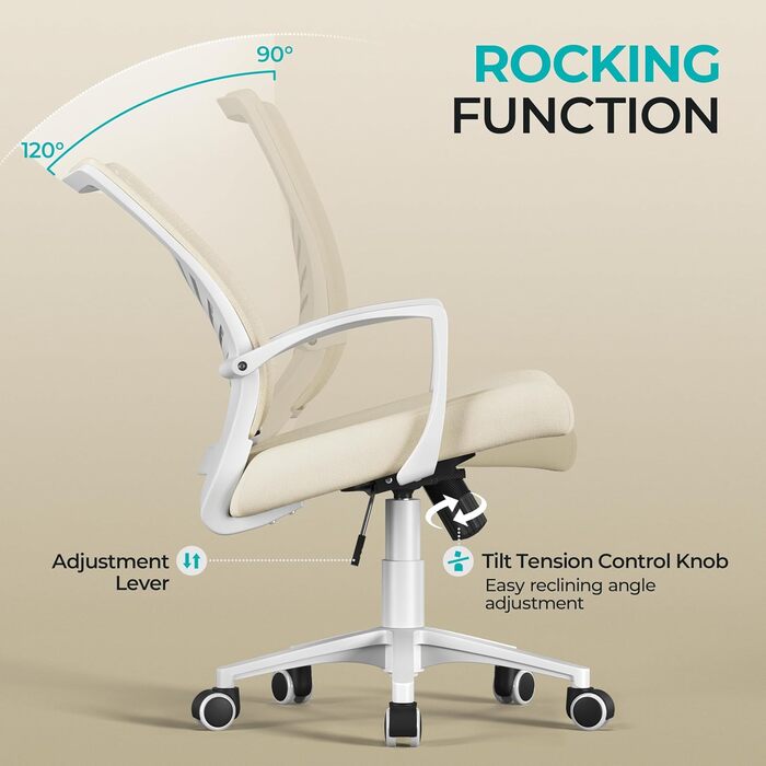Офісне крісло Yaheetech ергономічне з регулюванням висоти, поворотне, з м'яким сидінням, для офісу/кабінету, бежеве