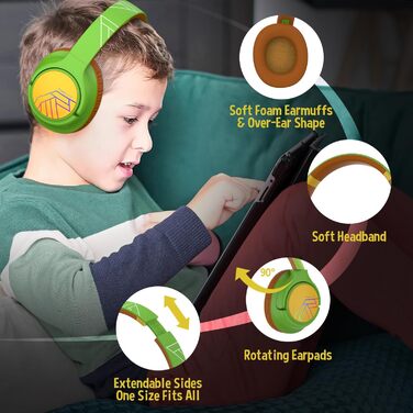 Дитячі навушники PowerLocus Bobo Bluetooth з LED-підсвічуванням та обмеженням гучності, Over-Ear, з мікрофоном для дітей, сумісні з телефоном/планшетом, для подорожей