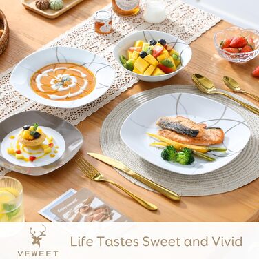 VEWEET Сервіз столовий 'Нікіта' з порцеляни, 24 елементи | Комплект посуду включає миски, десертні тарілки, тарілки для їжі та супові тарілки | Сервіз для 4-12 осіб, 24 елементи