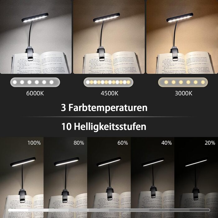 Ліхтарик для читання з кліпсою, USB-C, 3 кольори світла, 10 рівнів яскравості, гнучкий регульований тримач, для книг, дітей, чорний - 2 шт.