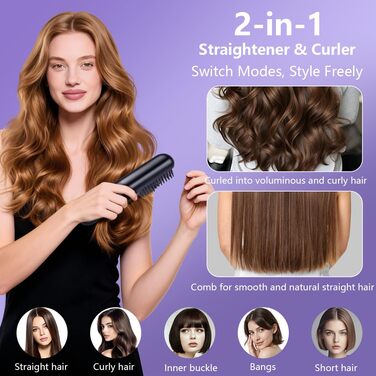 Бездротова випрямляюча щітка LOPHE з LED-дисплеєм, 3 температурні режими, для волосся та бороди, білий (чорно-фіолетовий)