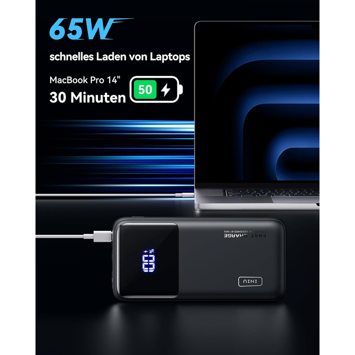 Повербанк INIU 65W 20000mAh для ноутбуків та смартфонів, швидка зарядка USB-C для MacBook, Steam Deck, iPhone, Samsung, iPad