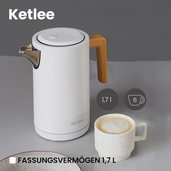 Електричний чайник ZEEGMA KETLEE 1.7L бездротовий, нержавіюча сталь, 2200W, для чаю та кави, автоматичне відключення, LED-дисплей, сучасний дизайн (білий)