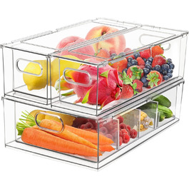 Refrigerator Organizer Drawer Set with Handle, 3-Piece Stackable Kitchen Storage Boxes with Pull-Out Drawer & Lid for Vegetables, Berries, Meat | PET Plastic Food Storage Containers