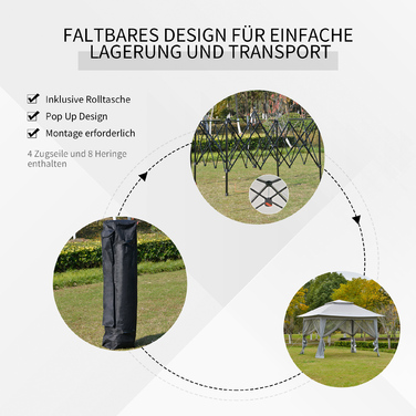 Павільйон Outsunny Faltpavillon Pop-Up Zelt Gartenpavillon, включаючи сумку для перенесення, сталь+Оксфорд+сітка, сірий, 3,64x3,64x2,94 м | Aosom