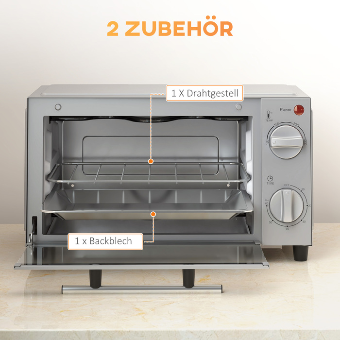 HOMCOM 9L Mini Oven with Baking Tray, Grill Rack, 100°C-230°C, with Adjustable Temperature and Cooking Time, 60 Min. Timer, 750W, Stainless Steel, Silver | Aosom