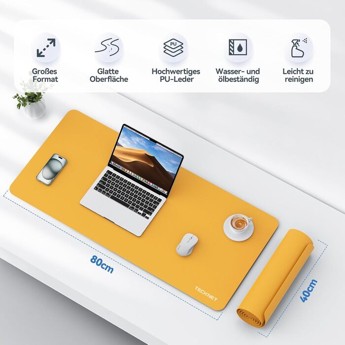 Килимок на стіл TECKNET 80 x 40 см, захист від води, PU шкіра, двосторонній, для офісу/дому (темно-сірий/темно-синій/жовтий)