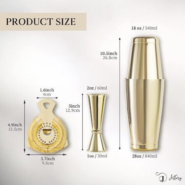 Boston Shaker Set - 4-Piece Cocktail Shaker Kit with 18/28 oz Boston Shaker Stainless Steel, Strainer, and Jigger, in a Stylish Gift Box - Ideal for Home Bar Use. (Gold)