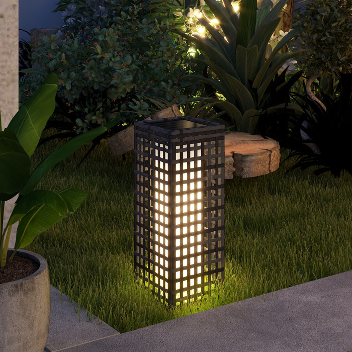 Outsunny Solar Lantern Rattan Solar Lamp Waterproof Path Light with Light Sensor Automatic LED Garden Lamp Outdoor Light for Balcony Steel Grey