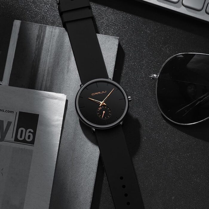 Годинник чоловічий CRRJU з силіконовим ремінцем, ультратонкий, водостійкий, мінімалістичний, спортивний, кварцовий (чорний рожевий, чорний)