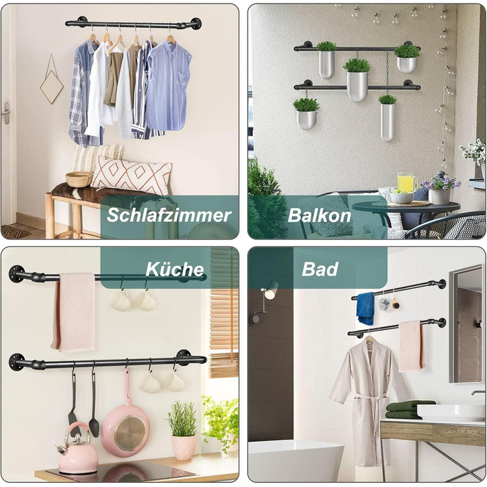 Wall-Mounted Clothes Rack, Pipe Clothes Rail, Industrial Style Wall Hanger, Detachable Metal Clothes Rod, Coat Rack, Bedroom for Hallways, Living Room, Bedroom (100cm)