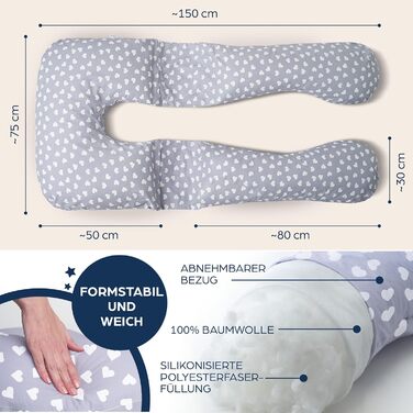 Niimo 4-in-1 U-Shaped Pillow - Breastfeeding Pillow, Pregnancy Pillow, Comfort Pillow & Side Sleeper Pillow with 100% Cotton Cover, Washable (Gray with white hearts)