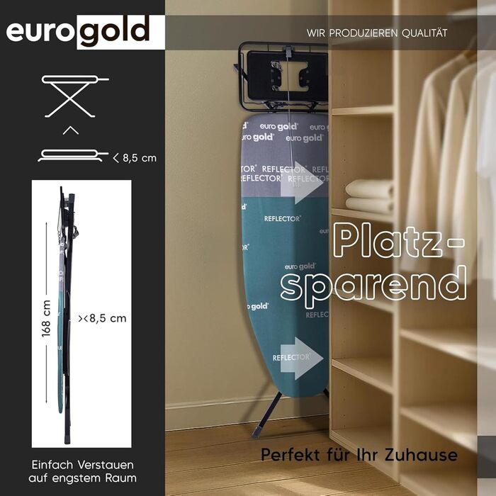 Прасувальна дошка EUROGOLD® XXL 120x42 см з розеткою для парогенератора – стабільна, регульована по висоті (зелена)