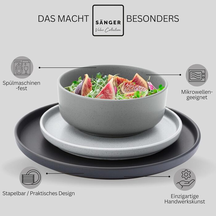 Набір посуду SÄNGER Leeds (12 предметів): тарілки для 4 осіб, супові миски, сервіз кольоровий, стійкий до подряпин | VALUE COLLECTION