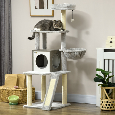 PawHut Драбина для котів 1415 см, котячий комплекс з котячою печерею, іграшкою-м'ячиком, гамаком та 2 платформами, сизаль для любителів котів