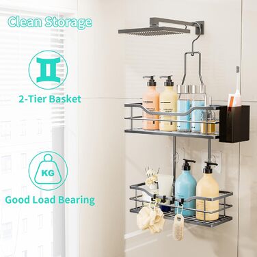 Настінна поличка для душу HapiRm з 4 гачками - поворотна 360°, органайзер для шампуню та мийних засобів, сріблястий