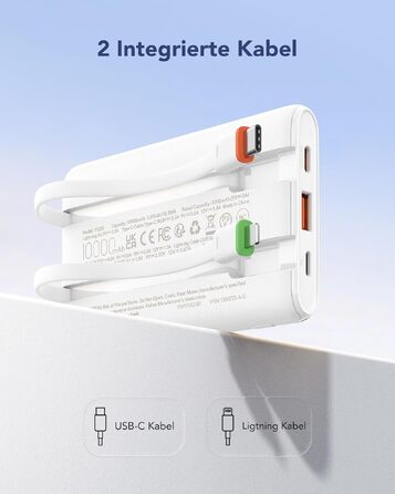 Повербанк VEGER 10000mAh 22.5W з вбудованим кабелем USB-C, швидка зарядка, білий