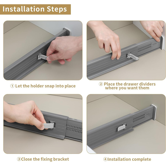DIMJ 8-Piece Drawer Dividers Adjustable (32.6-56cm) Plastic, Closet Organizer for Kitchen Storage, Bedroom, Dresser, Light Gray