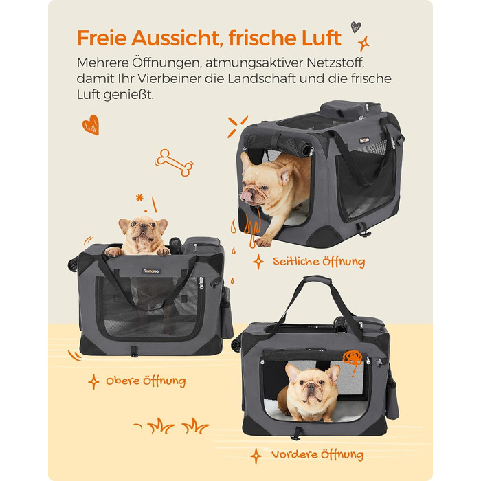 Клітка для собак Feandrea, переноска для собак, середнього розміру, сіра, 60 x 42 x 42 см