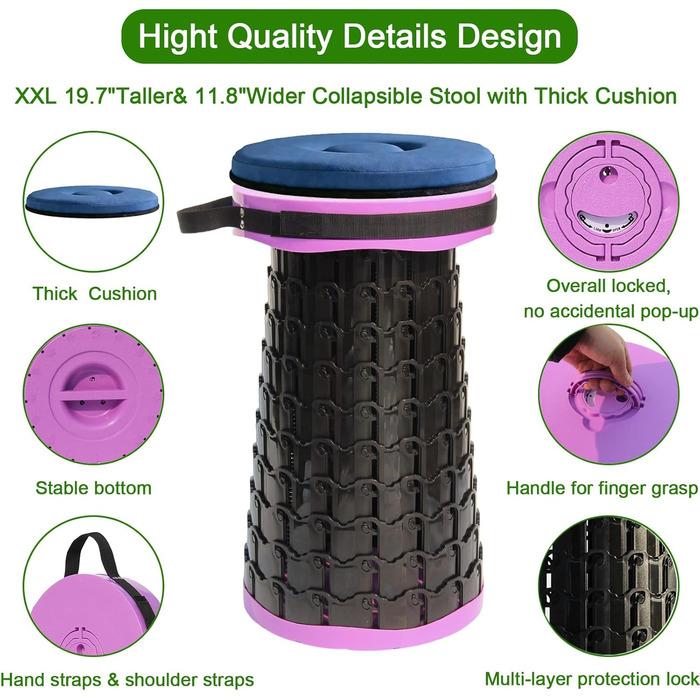 Складаний стілець Upgrade XXL з подушкою, 1000 фунтів, для дорослих, кемпінгу, подорожей (фіолетовий)