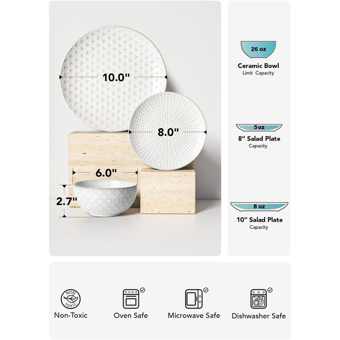 Набір посуду LE TAUCI: 12 елементів (4 сервізи) – тарілки, десертні тарілки, миски, білий колір, для миття в посудомийній машині