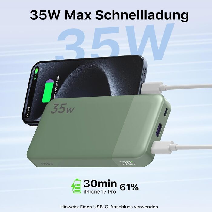 Power Bank NOBIS 35W 10000mAh з цифровим дисплеєм, 2 USB-C, 1 USB-A – зарядний пристрій для iPhone, Galaxy, планшетів (зелений)