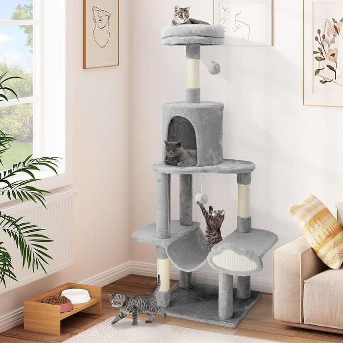 Кігтеточка YITAHOME XXL для котів, 142 см, сіра, з 8 стовпчиків сизалю, 3 платформи, 2 печери, гамак, іграшки, кігтешкребок, кріплення для лазіння