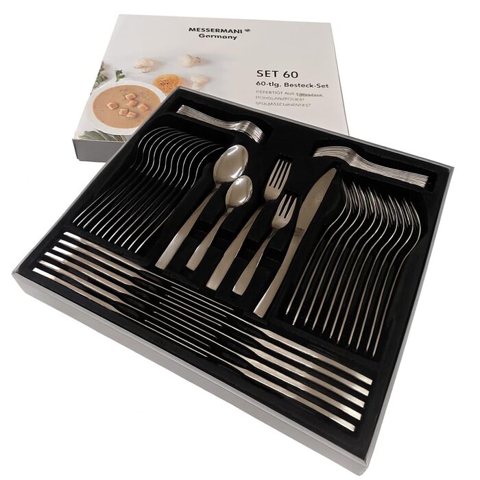 Набір столових приборів 60 предметів для 12 осіб з нержавіючої сталі – елегантний набір, полірований до блиску, безпечний для посудомийної машини, стійкий до корозії. Модель 4