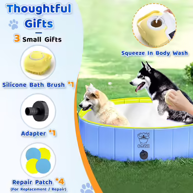 COZII Dog Pool, 160 x 30cm Dog Pool for Large and Small Dogs, Foldable Dog Bathtub, Splash Pool for Children, Portable Dog Pool with Non-Slip PVC and Bath Brush