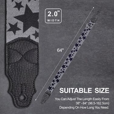 Гітарний ремінь з натуральної шкіри (шкіра) для акустичної, бас та електрогітари, регульований 38″-64″, чорний Star