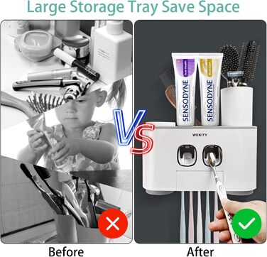 Тримач для зубних щіток WEKITY з дозатором пасти, настінний, сірий, для дітей та дорослих. Набір: 2 дозатори, 5 слотів для щіток, 4 чашки