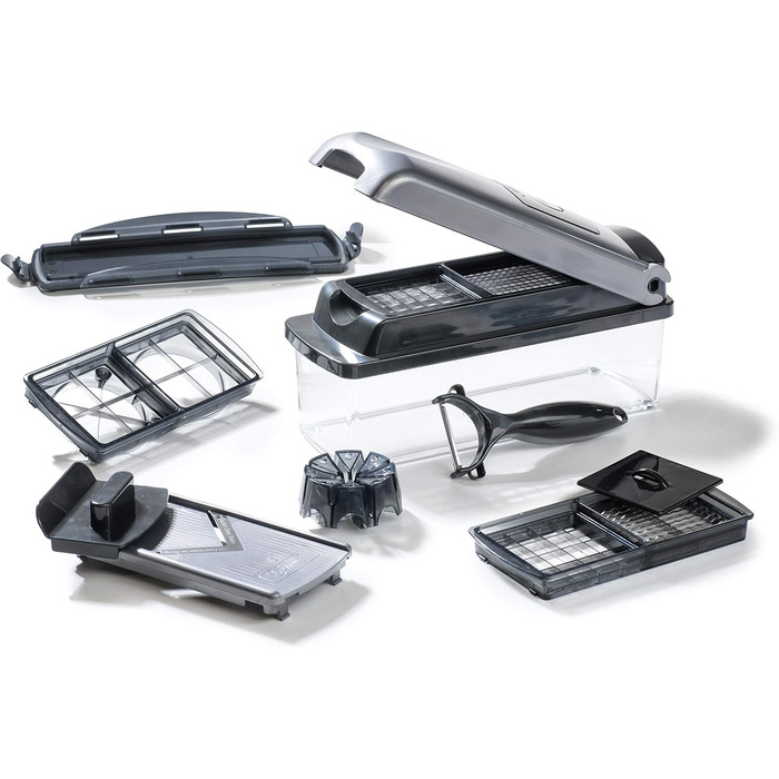 Набір для нарізки овочів Genius Nicer Dicer Plus (12 частин) - нарізник для овочів, цибулі, картоплі фрі, фруктів, універсальний нарізник, подрібнювач, шатківниця, для зберігання, срібний/чорний