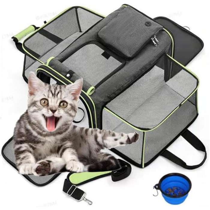 Транспортна сумка для котів та собак, розширювана. Транспортна переноска для тварин, велика, 48x30x31 см (сірий з зеленим)