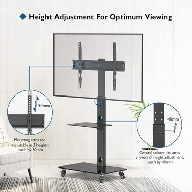 BONTEC Mobile TV Stand with Wheels for 30-70 inch Plasma, LCD, LED TVs - VESA 600x400, Adjustable Height & Glass Shelves