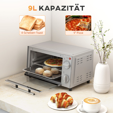 HOMCOM 9L Mini Oven with Baking Tray, Grill Rack, 100°C-230°C, with Adjustable Temperature and Cooking Time, 60 Min. Timer, 750W, Stainless Steel, Silver | Aosom